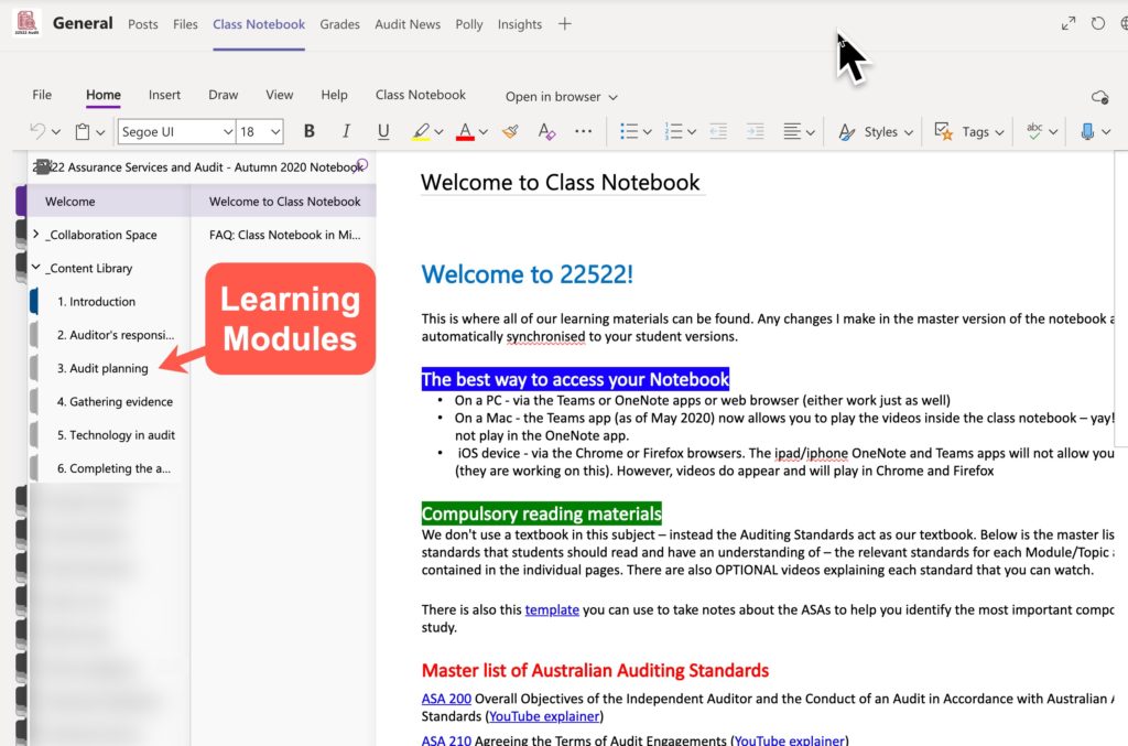 A screen capture of a Class Notebook with numbered Modules down the left hand side menu. 