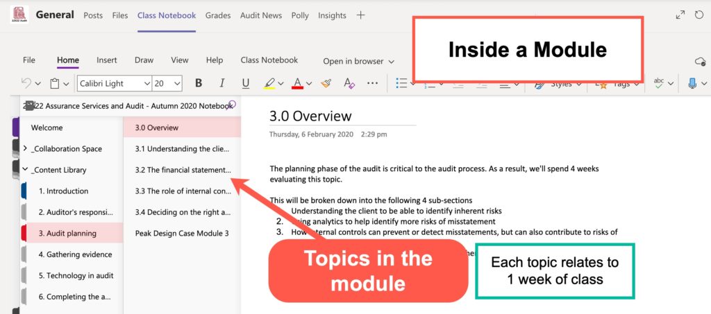 A screen shot of a Module breakdown inside a Class Notebook with 4 Topics within the module, each having its own page.