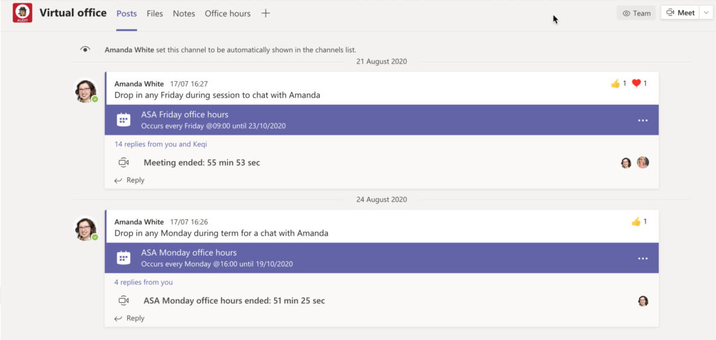 A screen shot of a Microsoft Teams site showing two recurring video meetings.
